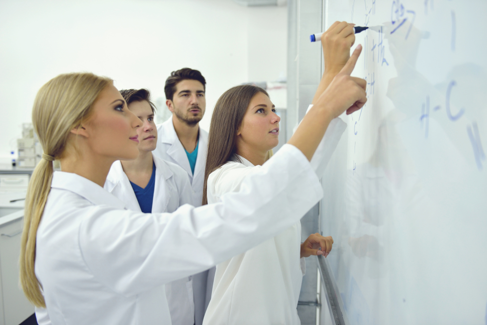 Scientists working drawing images on the whiteboard
