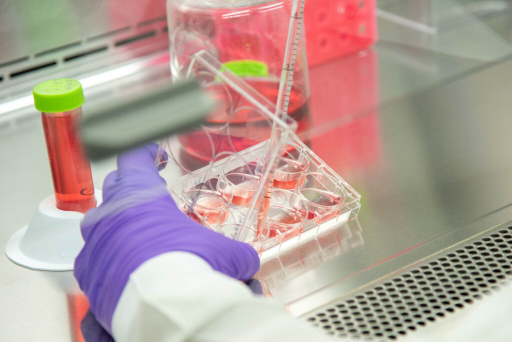 Scientist pipetting samples at TRIBEC biomanufacturing facility
