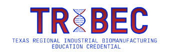 TRIBEC logo in bold blue and red lettering, featuring a stylized DNA helix inside the letter I, with the subtitle ‘Texas Regional Industrial Biotechnology Education Credential’ underneath
